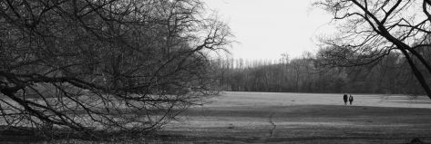 Ein weiter Park mit zwei Spaziergängern
